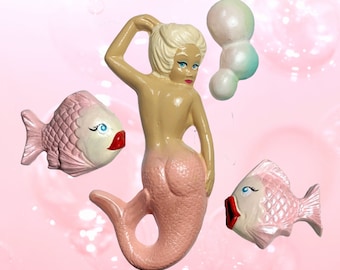 Retro Chalkware Mermaid + Bubbles - + Fish  COMPLETE SET