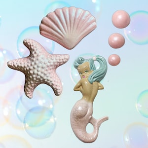 Chalkware Mermaid Bubbles Shell Starfish COMPLETE Beach SET