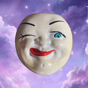 Chalkware Retro Moon Face w/Hanging Wire - Kitschy Gift Idea - Unique Quirky Smiling Art