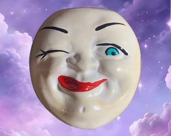 Chalkware Retro Moon Face w/Hanging Wire - Kitschy Gift Idea - Unique Quirky Smiling Art