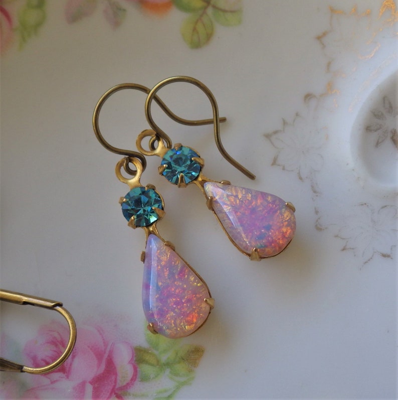 Vintage Pink Harelquin Opal ~ Small Earrings ~ Vintage Glass ~ Teardrop ~ multi stone ~ Victorian Boho Style ~ by LadyofTheLakeJewels
