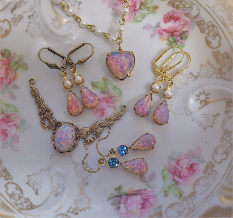 Vintage Pink Harelquin Opal ~ Small Earrings ~ Vintage Glass ~ Teardrop ~ multi stone ~ Victorian Boho Style ~ by LadyofTheLakeJewels