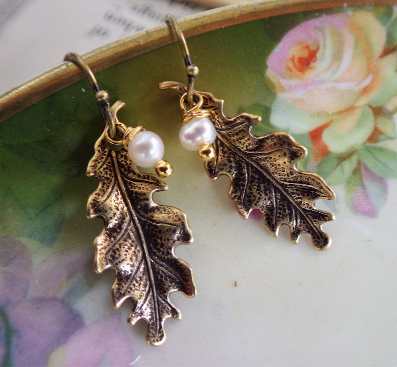 Small Leaf Earrings ~ Freshwater Pearls ~ Bronze ~ Oak Leaf ~ Woodland Style ~ Hypoallergenic ~ by LadyofTheLakeJewels