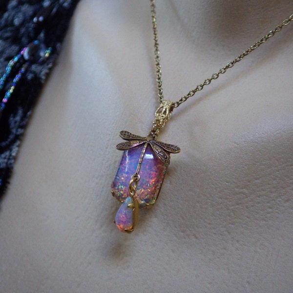 Harlequin Pink Opal Pendant ~ Pink Dragonfly Necklace ~ Vintage Glass ~ by LadyofTheLakeJewels