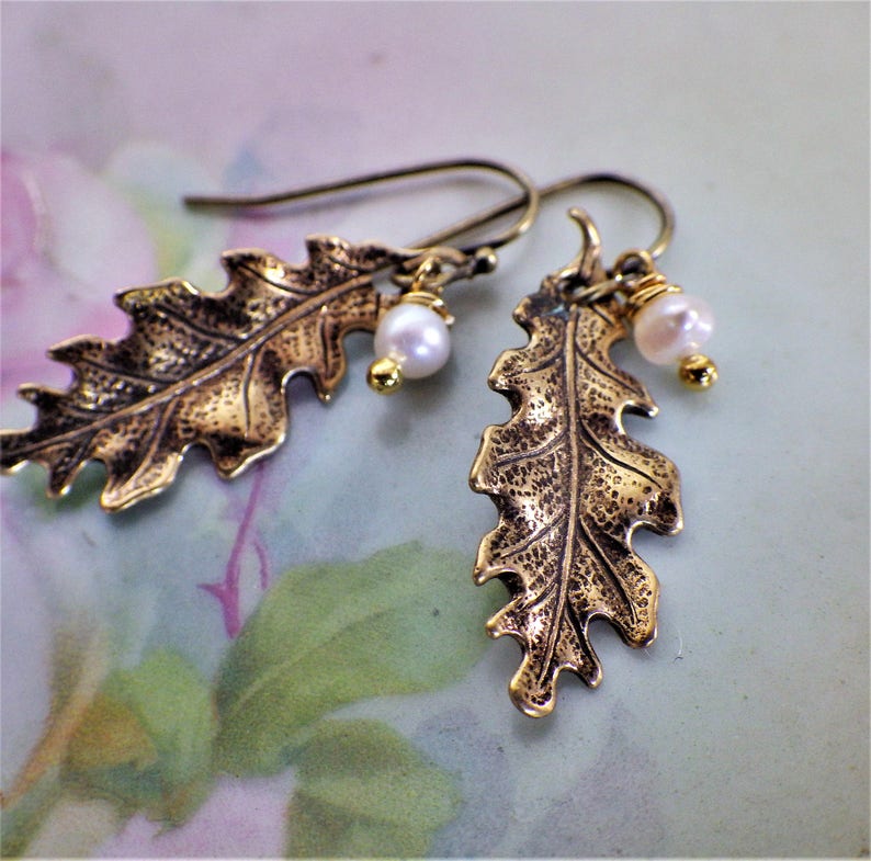 Small Leaf Earrings ~ Freshwater Pearls ~ Bronze ~ Oak Leaf ~ Woodland Style ~ Hypoallergenic ~ by LadyofTheLakeJewels