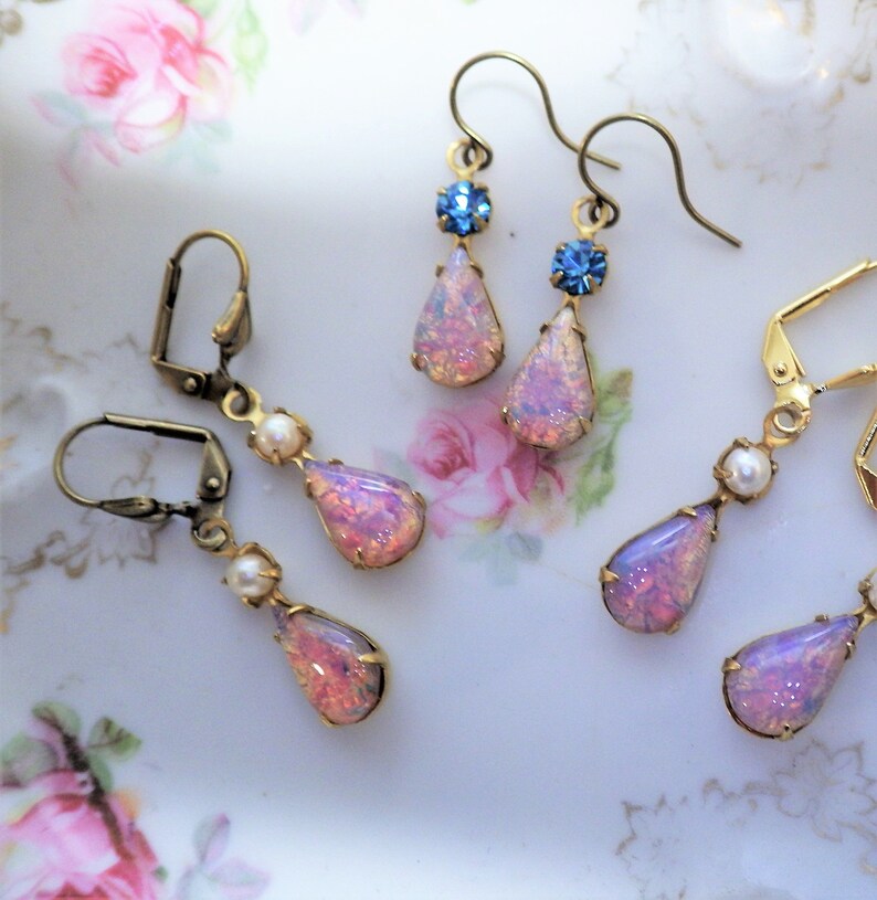 Vintage Pink Harelquin Opal ~ Small Earrings ~ Vintage Glass ~ Teardrop ~ multi stone ~ Victorian Boho Style ~ by LadyofTheLakeJewels