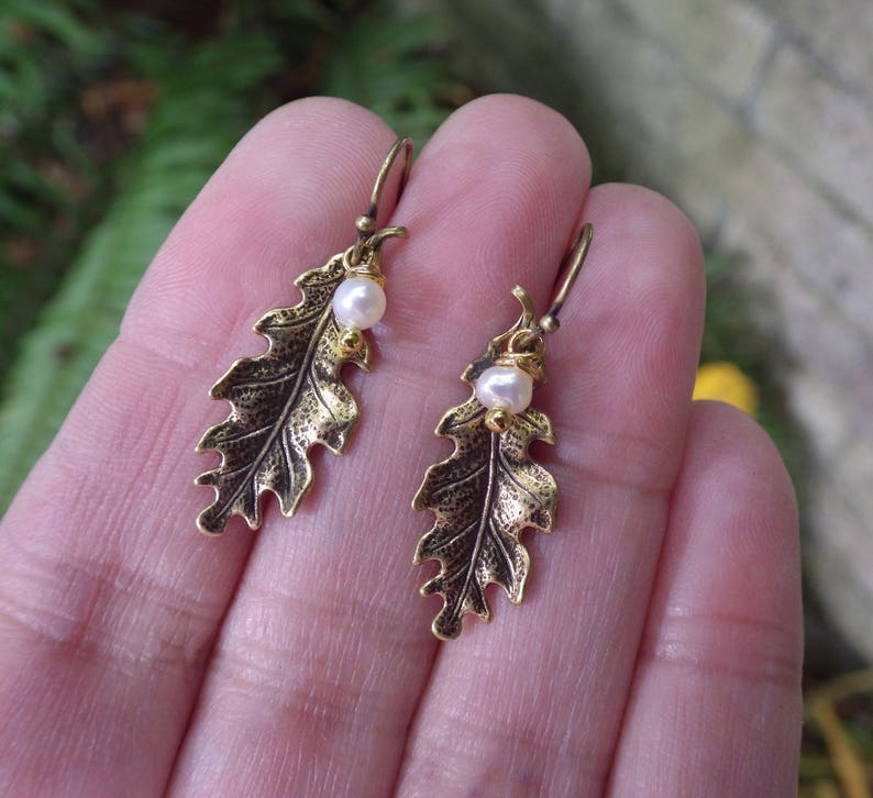 Small Leaf Earrings ~ Freshwater Pearls ~ Bronze ~ Oak Leaf ~ Woodland Style ~ Hypoallergenic ~ by LadyofTheLakeJewels