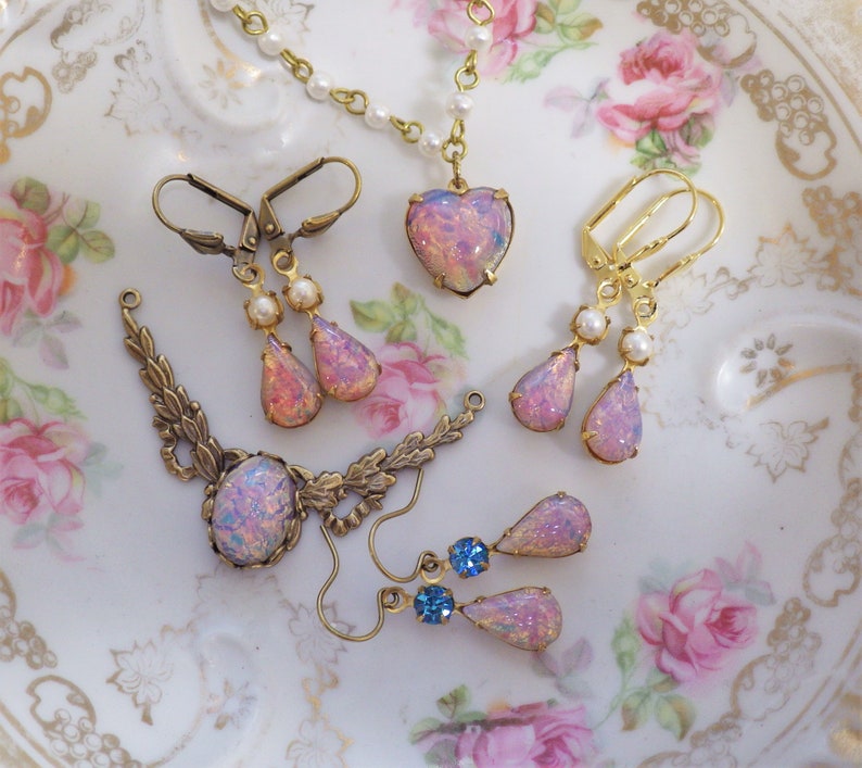 Vintage Pink Harelquin Opal ~ Small Earrings ~ Vintage Glass ~ Teardrop ~ multi stone ~ Victorian Boho Style ~ by LadyofTheLakeJewels