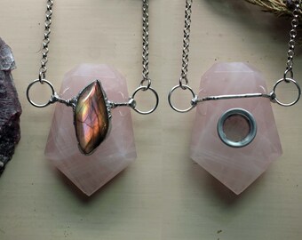 Naszyjnik z kryształowej fajki Hearts on Fire, kwarc różowy i labradoryt