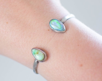 Opal Cuff // Teardrop Shaped Monarach Opals // Small/Medium Sterling Silver Bracelet // Adjustable Stamped Cuff // Stackable Double Stone