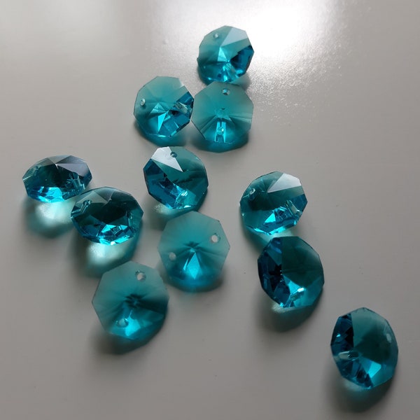 Aqua Crystal Octagon Beads 14mm Set of 50 for Chandeliers, Windchime, Crafts, Wreaths, Home Decor, Sun Catcher