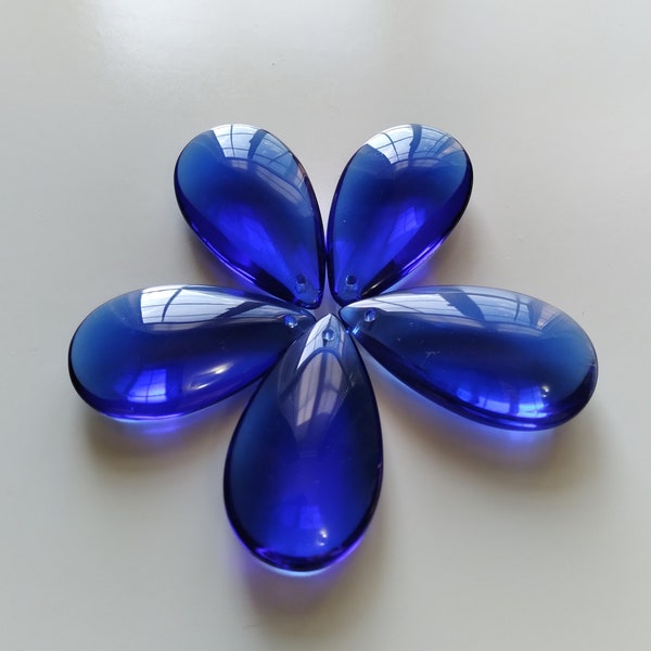 Blue Smooth Teardrop Crystals 38mm Set of 5 for Chandeliers, Windchime, Crafts, Wreaths, Home Decor, Sun Catcher