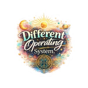 Könnte beinhalten: Ein Aufkleber mit einem bunten Nebelhintergrund, einer Mondsichel, einer Sonne und einem Planeten mit Ringen. Der Text Different Operating System ist in weißer Schrift zu sehen. Darunter befindet sich ein goldenes Gehirn-Symbol.