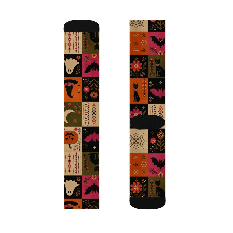 Calzini con motivo patchwork di Halloween stampabili a sublimazione / Zucca Fantasma Strega Gatto immagine 9