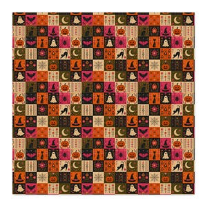 May include: A square fabric pattern featuring a repeating grid of Halloween-themed icons including orange pumpkins, white ghosts, black cats, purple bats, spider webs, witch hats, crescent moons, and floral motifs in shades of orange, black, and pink.
