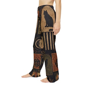 Vintage Halloween Patchwork Pajama Pants | Pumpkin, Bat, Raven Print