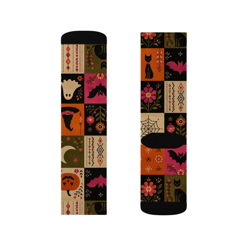 Calzini con motivo patchwork di Halloween stampabili a sublimazione / Zucca Fantasma Strega Gatto immagine 10