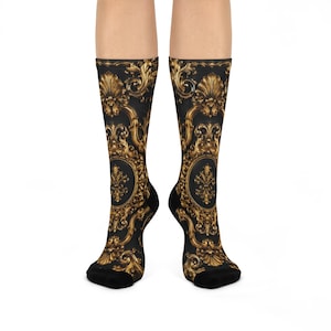 Baroque Gold Scrollwork Cushioned Crew Socks | Ornate Black & Gold Pattern
