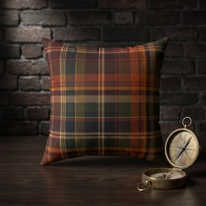 Höstplädig kudde i konstmocka | Rustik höstprydnadskudde, orangegrön tartan
