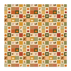 May include: A repeating patchwork pattern featuring alternating squares of autumn-themed motifs including orange pumpkins, brown acorns, red maple leaves, and small flowers. The background consists of various textures like stripes, dots, and gingham checks in shades of orange, green, brown, and cream.