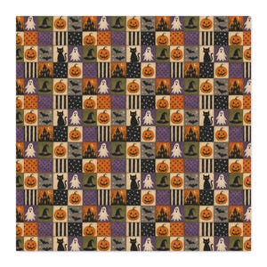 May include: A repeating patchwork pattern featuring Halloween motifs including orange pumpkins, white ghosts, black cats, witch hats, bats, and haunted houses arranged in a grid of squares with alternating solid, striped, and polka dot backgrounds.