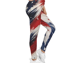 Leggings con stampa a pennellate della bandiera americana / Stelle patriottiche rosse, bianche e blu
