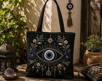 Borsa tote con mandala e occhio di Allah / Stampa integrale con design boho protettivo a forma di occhio