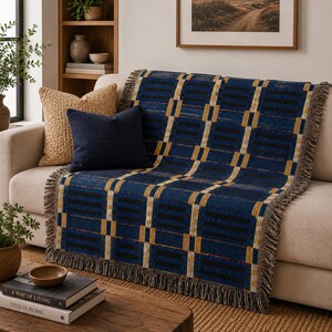 Geometric Plaid Pattern Woven Blanket | Blue Gold Grid Throw