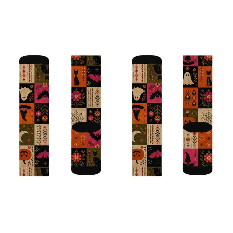 Calzini con motivo patchwork di Halloween stampabili a sublimazione / Zucca Fantasma Strega Gatto immagine 7