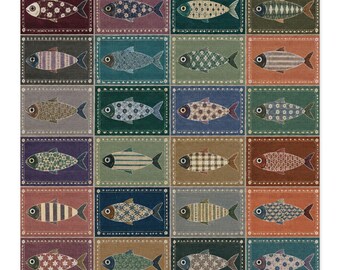 Tessuto in twill di cotone con motivo a pesci in stile retrò, tagliato su misura, per decorazioni nautiche per la casa.
