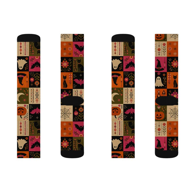 Calzini con motivo patchwork di Halloween stampabili a sublimazione / Zucca Fantasma Strega Gatto immagine 6