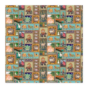 May include: A repeating pattern fabric featuring miniature-style illustrations of elephants with ornate howdahs, cows, and figures in traditional attire. The design incorporates rectangular and circular frames with vibrant blue, gold, and green accents.