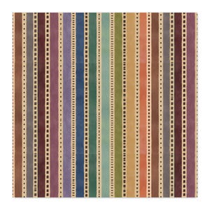 Könnte beinhalten: Ein Textilmuster mit vertikalen Streifen in den Farben Violett, Blau, Grün, Gelb, Orange und Braun. Das Design umfasst abwechselnd schmale Bänder mit geometrischen Motiven wie kleinen Quadraten, Punkten und Winkeln, getrennt durch einfarbige Streifen.
