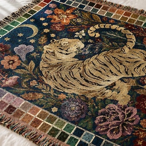 Gold Tiger Tapestry Woven Blanket | Floral Mosaic Throw, Boho Home Decor