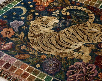 Coperta tessuta con arazzo a tema tigre dorata / Plaid a mosaico floreale, decorazione per la casa in stile boho