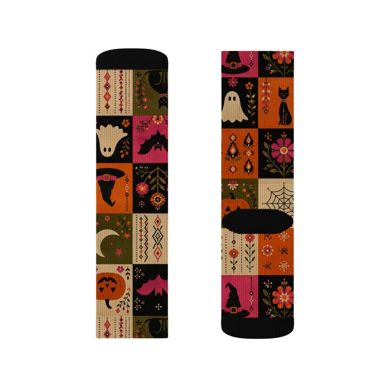 Calzini con motivo patchwork di Halloween stampabili a sublimazione / Zucca Fantasma Strega Gatto immagine 13