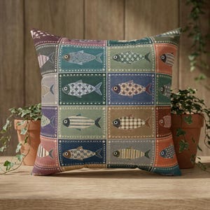 Patchwork Fish Pattern Faux Suede Pillow | Nautical Coastal Accent Cushion
