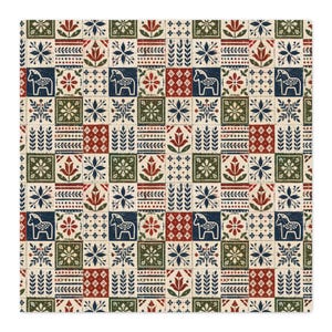 May include: A square fabric pattern featuring a repeating grid of tiles in red, navy blue, and olive green on a cream background. The design includes stylised Dala horses, floral motifs, leaf sprigs, and geometric diamond patterns in a block print style.