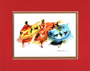 3 Sisters with the pony shawls - 8"x10" Double matted archival prints by Native American Artist Daniel Ramirez - Image Size 5"x7"