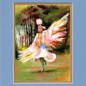 May include: A painting of a person in a colorful traditional Native American dance costume, with a pink and white dress and a large feathered headdress. The person is dancing in a green grassy area with trees in the background.