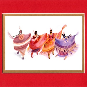 May include: Four women in colorful, fringed dresses dance in a circle. The dresses are decorated with geometric patterns and hearts. The women have long black hair and are smiling.