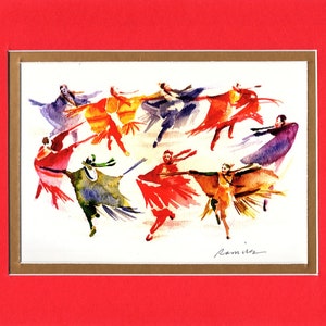 May include: Watercolor painting of a group of people dancing in a circle. The people are wearing colorful clothing and have their arms outstretched. The painting is signed "Ramirez" in the bottom right corner.