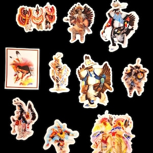 May include: A collection of 10 stickers featuring Native American men in traditional ceremonial attire. The stickers showcase detailed illustrations with vibrant colors, including feathers, headdresses, and intricate clothing designs. The stickers are on a black background.