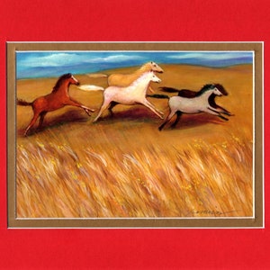 May include: A painting of four horses running through a field of tall grass. The horses are brown, white, and gray. The sky is blue with white clouds.