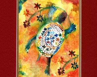 Beaded Turtle and Flowers - 8"x10" Double matted archival prints entirely made by Native American Artist Daniel Ramirez