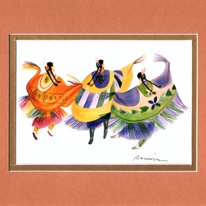 May include: Watercolor painting of three figures dancing in colorful dresses. The figures are depicted with flowing skirts in shades of orange, yellow, and blue, with decorative patterns and fringed edges. The artwork is matted in a peach-colored frame.