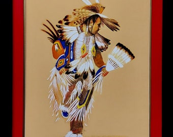 Eagle Feather Dancer - Framed and Matted 22"x28" Signed Archival Print entirely made by Native American Artist Daniel Ramirez