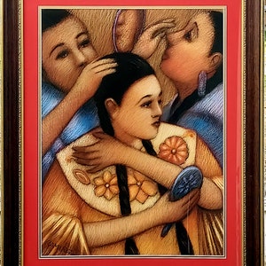 May include: A framed painting depicts three figures, with a central woman in a yellow dress holding a mirror. Two other figures are partially visible, one adjusting the central figure's hair. The artwork is framed in a dark wood frame with a red matting.