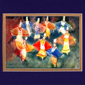 May include: Watercolor painting of a group of people in colorful clothing dancing in a circle. The dancers are wearing feathered headdresses and have their arms outstretched. The background is a dark blue and red.