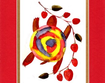 Rainbow Turtle with Strawberries - Double matted archival prints entirely made by Native American Artist Daniel Ramirez